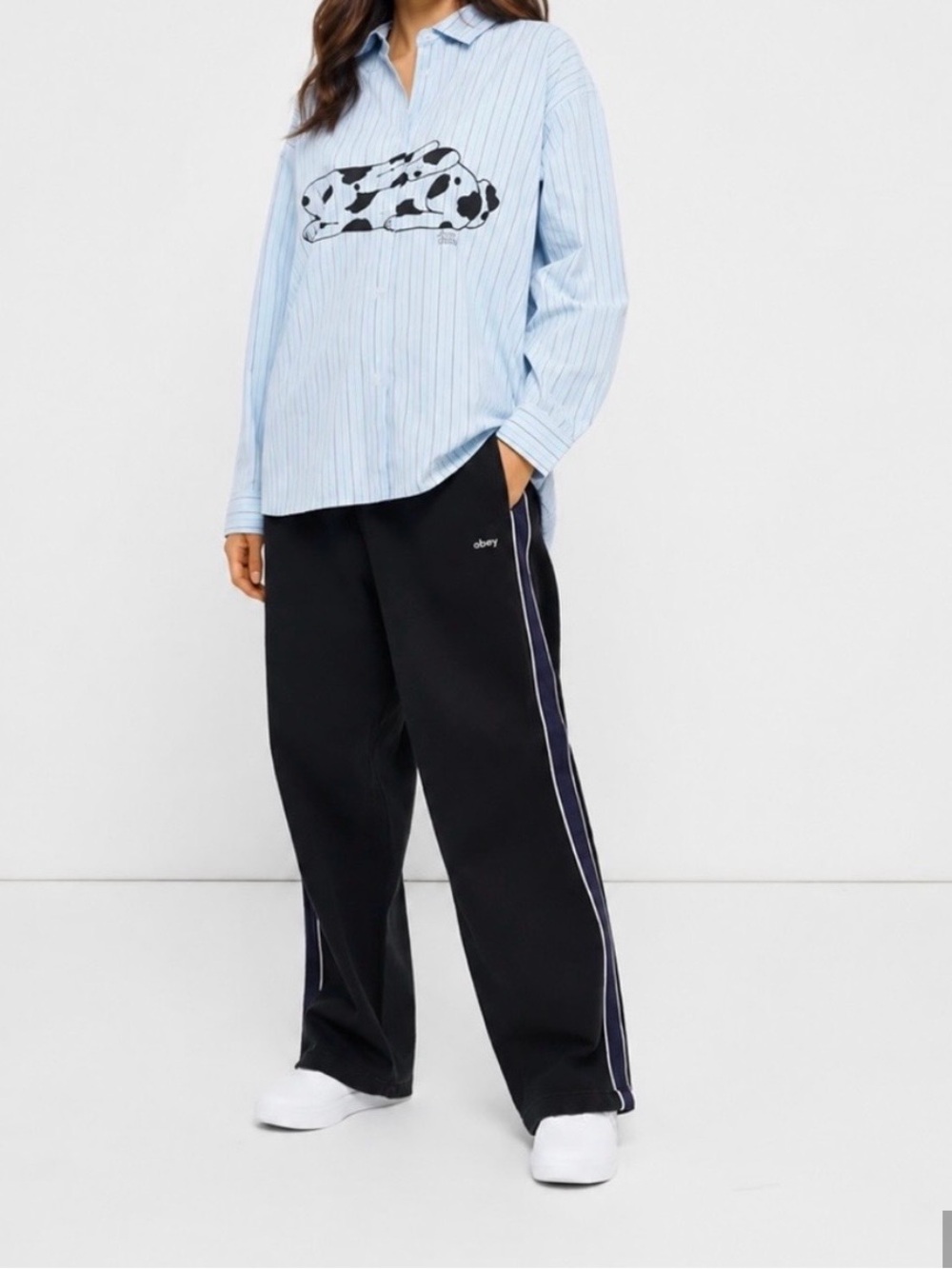 Obey Black Wide-Leg Track Pants with Side Stripe